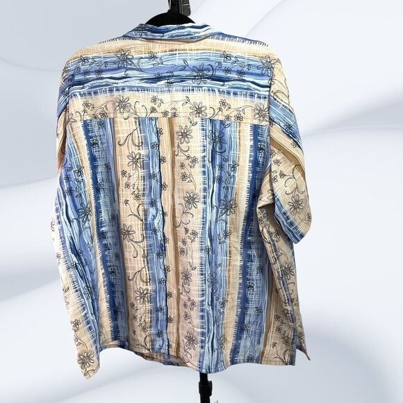 Tan Jay Womens Tan Blue Floral Short Sleeve Button Up V-Neck Top Size 20W - Picture 3 of 5